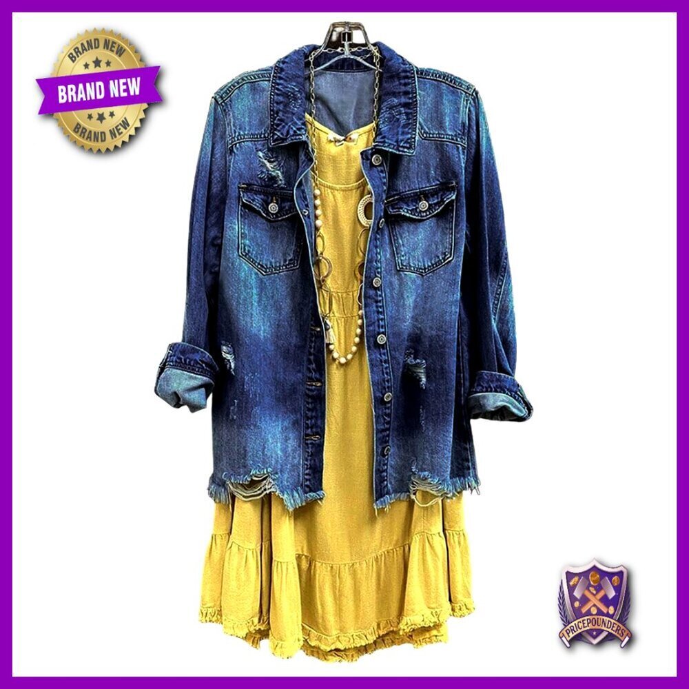 Distressed Denim Shacket Long Sleeve Button Coat Frayed Hem Retro Casual